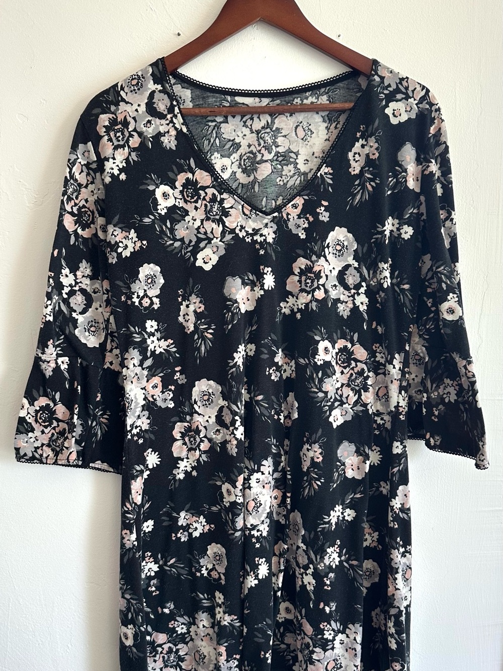 Black Floral V-Neck Dress with Soft Pink & Cream Blooms